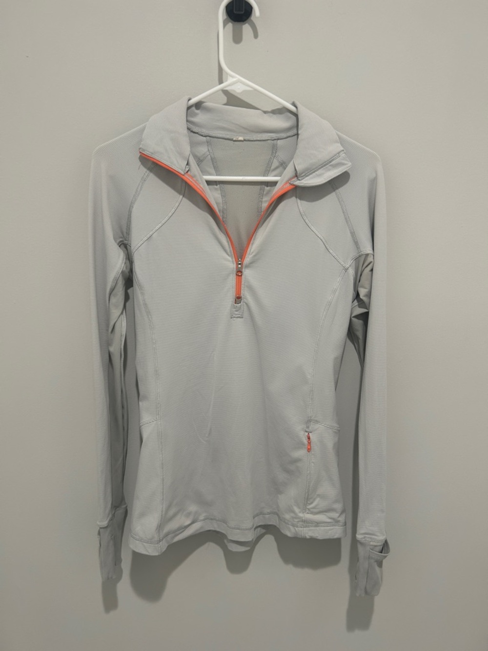 Lululemon Striped Light Gray Quarter-Zip Pullover with Coral Accent